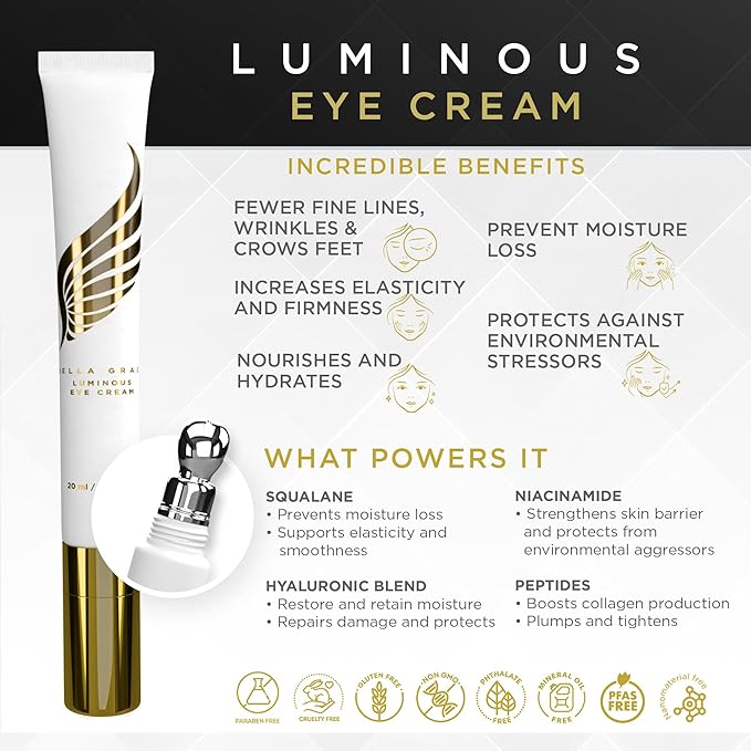 Bella Grace Eye Cream with Hyaluronic Acid & Squalane for Under Eye Bags, Dark Circles & Puffiness, Nourishing & Hydrating, Supports Anti Aging, Fine Lines & Wrinkles, Elasticity & Firmness, 0.5 fl oz-Velvo Beauty