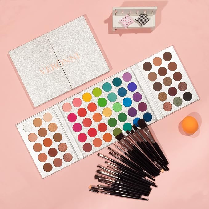 Eyeshadow Palette 65 Colors + 20pcs Makeup Brushes Set + Sponge Blender Sweatproof Pigmented Matte Shimmer Metallic Blendable Soft Pressed Powder Eye Shadow Makeup Palette-Velvo Beauty