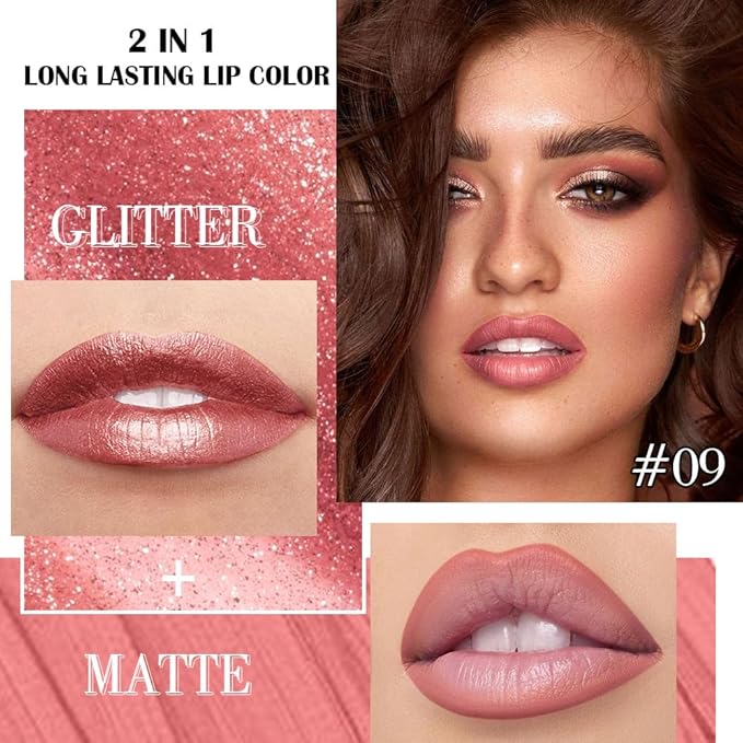 evpct Pine Red Metallic Glitter Lip Liner and Lipstick Combo Lip Gloss Stain Set Makeup for Women Long Lasting Waterproof 24, Warm Pink Metallic Shimmer Frosted Iridescent Shiny Liquid Lipstick 09-Velvo Beauty