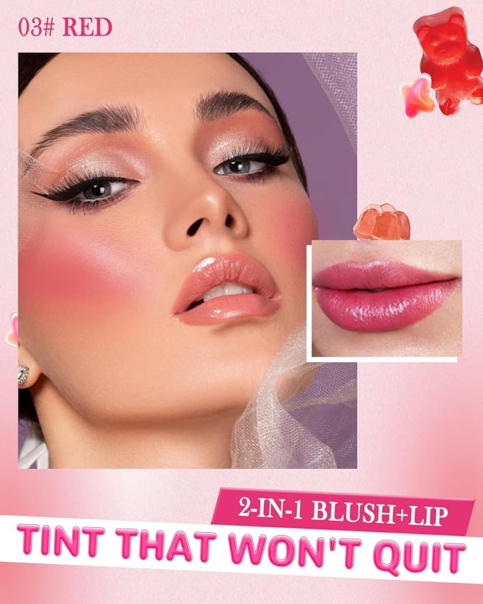 Makeup Jelly Tint, Cooling Water Jelly Tint Red Blush Stick, Sheer Lip & Cheek Tint Stain, Long Lasting Waterproof Jelly Blush Lip Gloss, Vivid Color, Non-Sticky, Buildable Tinted Jelly Lip Stains-03-Velvo Beauty