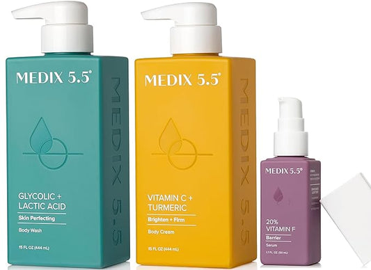 Medix 5.5 Anti Aging Skin Care 3PC Set | Vitamin C Body Cream + Exfoliating AHA Glycolic Acid Foaming Face & Body Wash + Vitamin F Booster Serum, Wash + Treat + Hydrate Skincare Set-Velvo Beauty