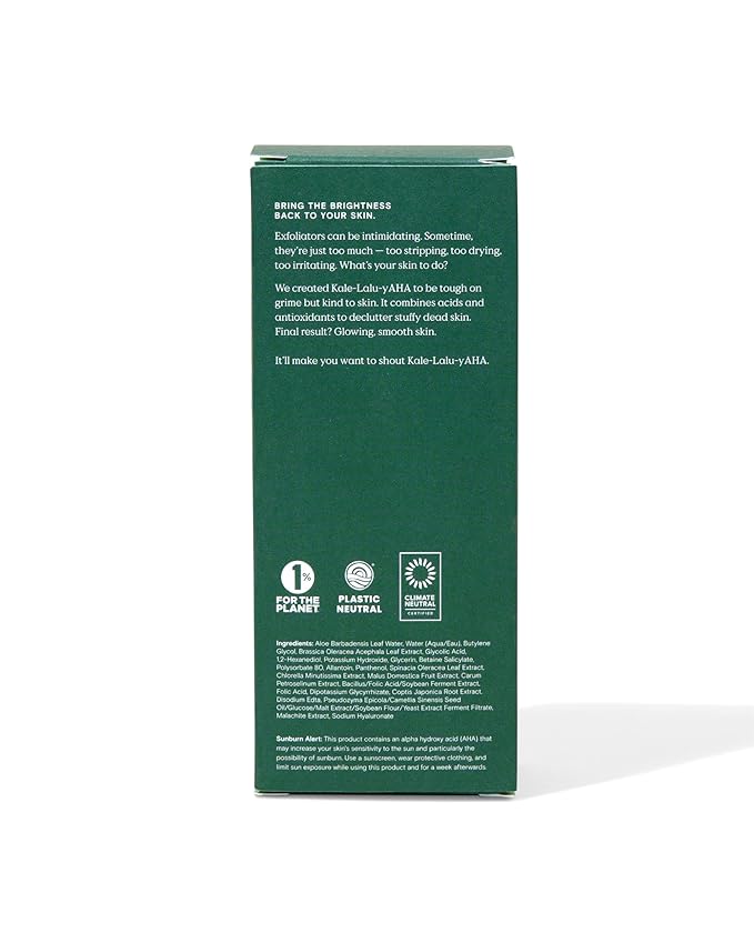 Krave Beauty Kale-Lalu-yAHA - Gentle 5.25% AHA Exfoliator with Glycolic Acid, Hyaluronic Acid, and Vitamin-Rich Kale for Texture, Discoloration, and Dead Skin Cells, Vegan and Cruelty-Free, 6.76 fl oz-Velvo Beauty