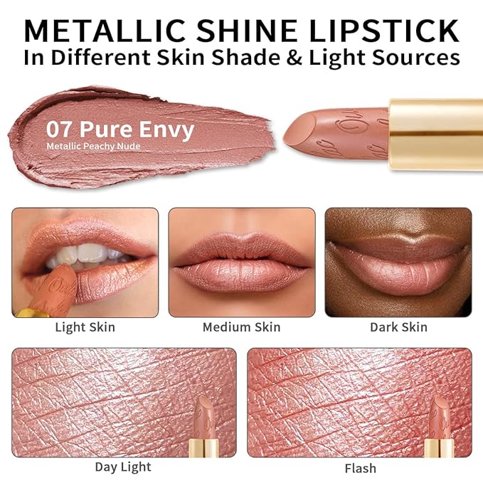Oulac Nude Lipstick for Women with Metallic 3D Shine Lightweight Hydrating Formula, High Impact Lip Color, Vegan Beauty, Full Coverage Lip Makeup, Christmas Gifts for Women, Pure Envy(07)-Velvo Beauty
