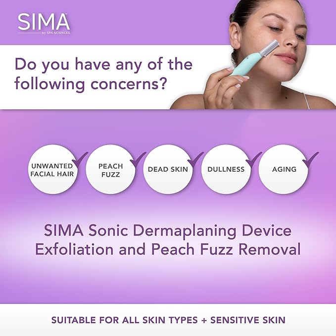 SPA SCIENCES - SIMA Patented Dermaplane Razor for Women Face – Painless 2-in-1 Facial Exfoliation & Peach Fuzz Hair Removal – Anti-Aging – 3 Speeds – Rechargeable – 7 Weeks Treatment-Velvo Beauty