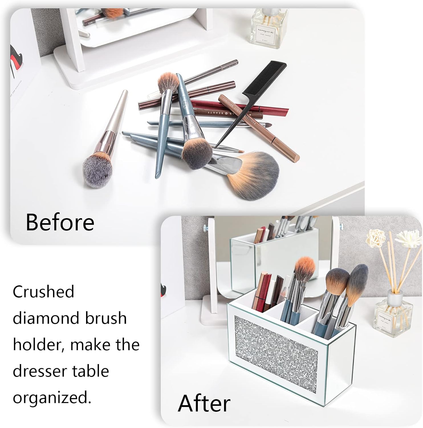 SWTHONY Silver Makeup Brush Holder Organizer, Bling 3 Slot Crushed Diamond Crystal Mirrored Cosmetic Brushes Storage, Eyeliners Eyebrow Pencil Display Case-Velvo Beauty
