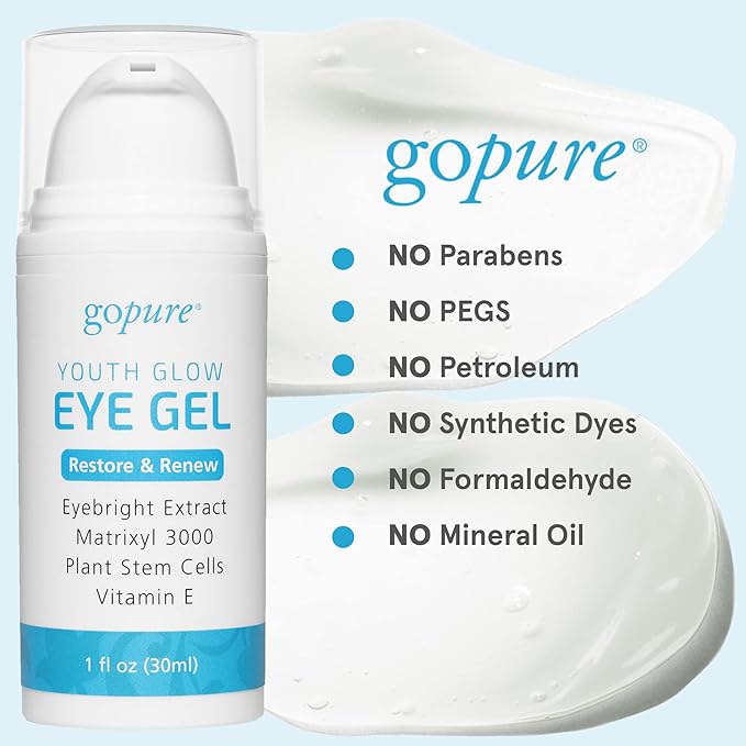 goPure Youth Glow Eye Gel - Anti-Aging Eye Cream that Soothes and Hydrates, Made with Matrixyl 3000 and Hyaluronic Acid for Improve the Look of Puffiness, Dark Circles, and Under Eye Bags - 1 fl oz-Velvo Beauty