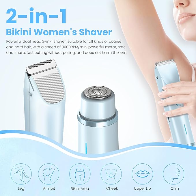 Bikini Trimmer for Women-2 in 1 Electric Razors for Women,USB Rechargeable Bikini Electric Shaver,IPX7 Waterproof Dry & Wet Use Body Hair Trimmer and Facial Hair Remover for Underarm Leg Body,Blue-Velvo Beauty