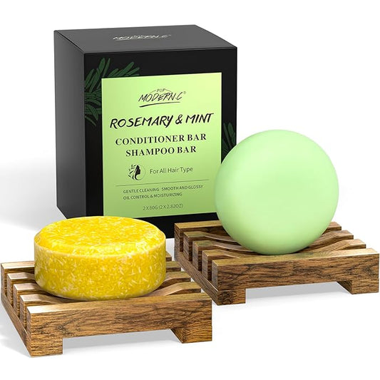 POP MODERN.C Rosemary Solid Shampoo and Conditioner Bar Set for Hair Growth, Moisturizing, 160g, 2.8219 Ounce, 2x80g Soaps, 2 Wooden Holder, Mother's Day Gift-Velvo Beauty