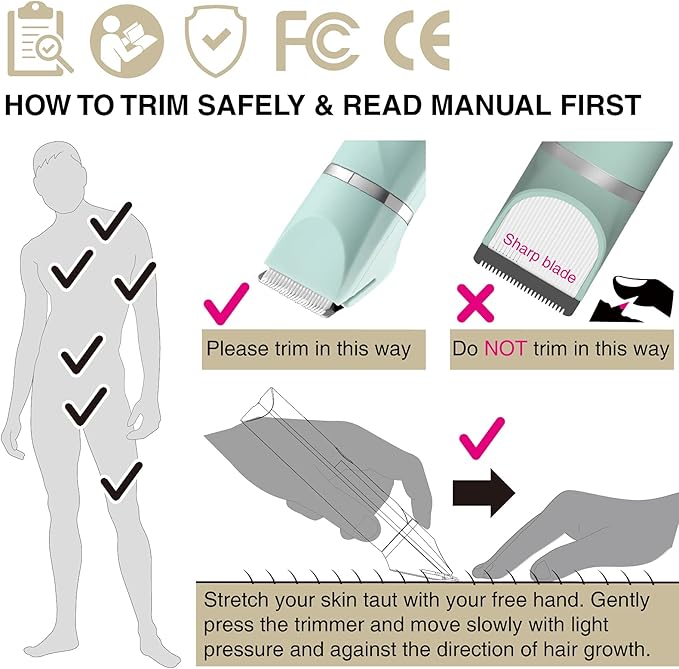 Waterproof Bikini Trimmer Women Electric Razor for Pubic Hair Women's Foil Shaver Rechargeable Shaver Removal with Snap-in Ceramic Blades IP7X Washable Head,Wet and Dry Use,Green-Velvo Beauty