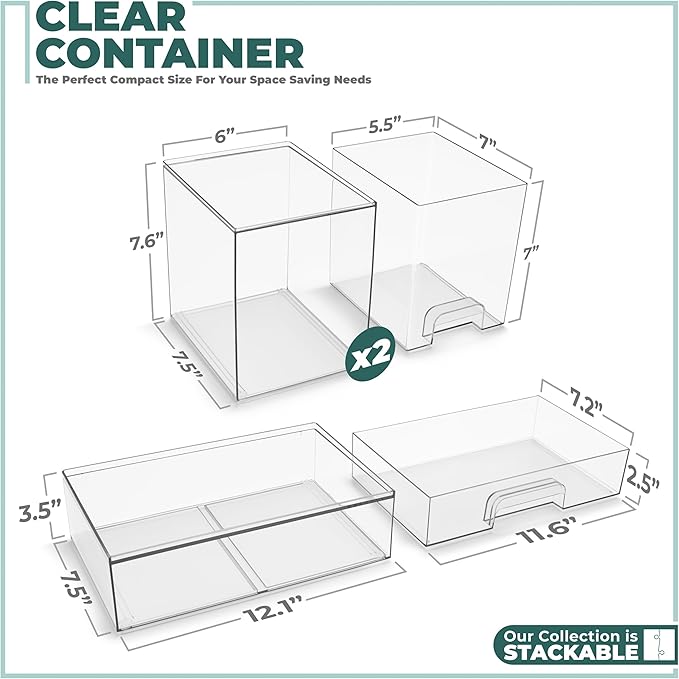 Sorbus Acrylic Storage Containers - 3 Pack, Stackable Storage Bins Set for Bathroom Organization - Clear Acrylic Drawer Organizers - Makeup Case Pull-Out Drawers (7.6’’ Tall and 12.1’’ Wide)-Velvo Beauty