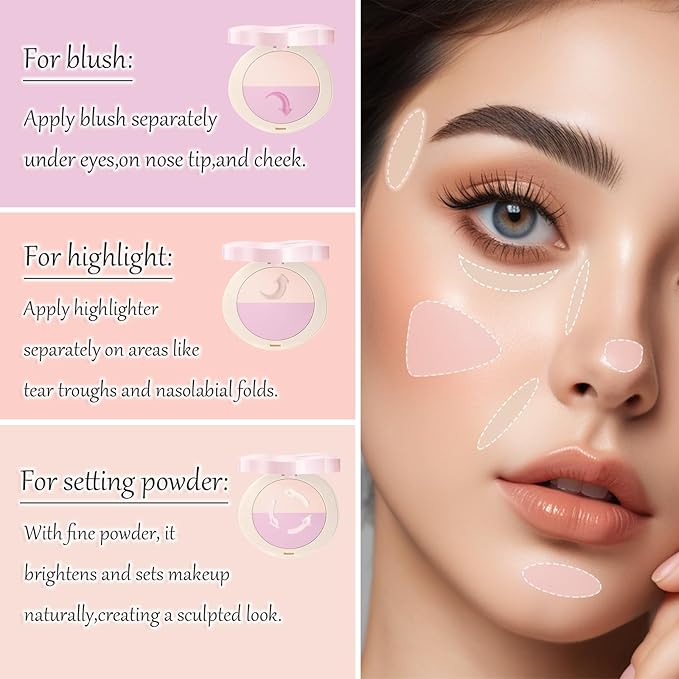 Pink Setting Powder, 3 in 1 Blush Palette with Puff, Highlighter Palette, Fine Texture Blush Pressed Powder, Setting Powder Makeup, Korea Makeup - Purple-Velvo Beauty