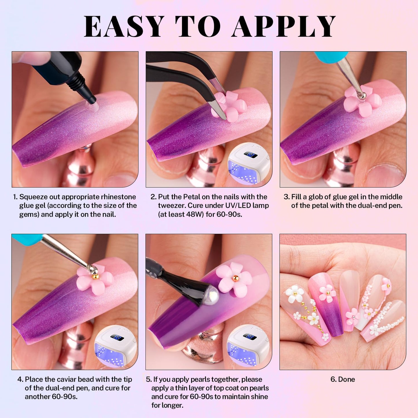 3D Flower Nail Charms and Gems, Cute Colorful Floral Charm Manicure Kit with Nail Rhinestone Glue Gel (UV Curing), Butterfly Caviar Beads Half Round Pearl & Flatback AB + Clear Crystal-Velvo Beauty