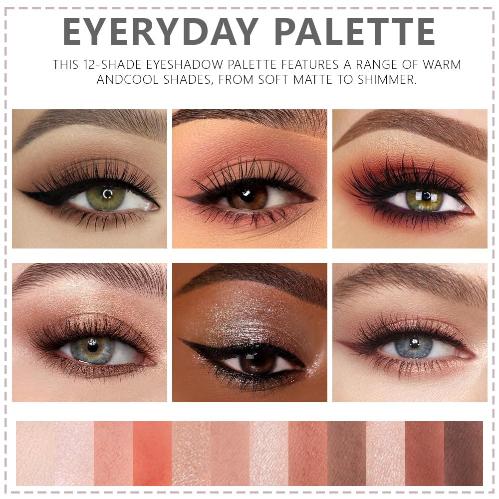 12Colors Eye Shadow Palette With Mirror and Brush,Nude Pink Brown Neutral Natural Eyeshadow Palette,Long Lasting Waterproof Travel Size Makeup Pallete-Velvo Beauty