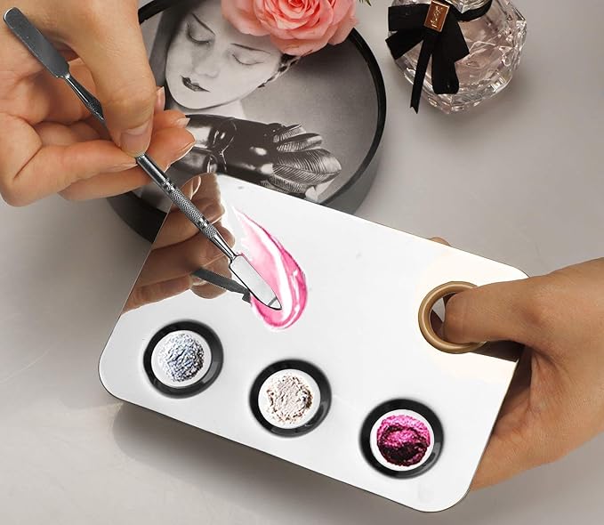 Makeup Mixing Palette, 6x4inch Stainless Steel Makeup Palette 3-well Nail-art Cosmetic Artist Mixing Palette with Makeup Spatula, Stocking Stuffers Christmas Gifts for Women-Velvo Beauty