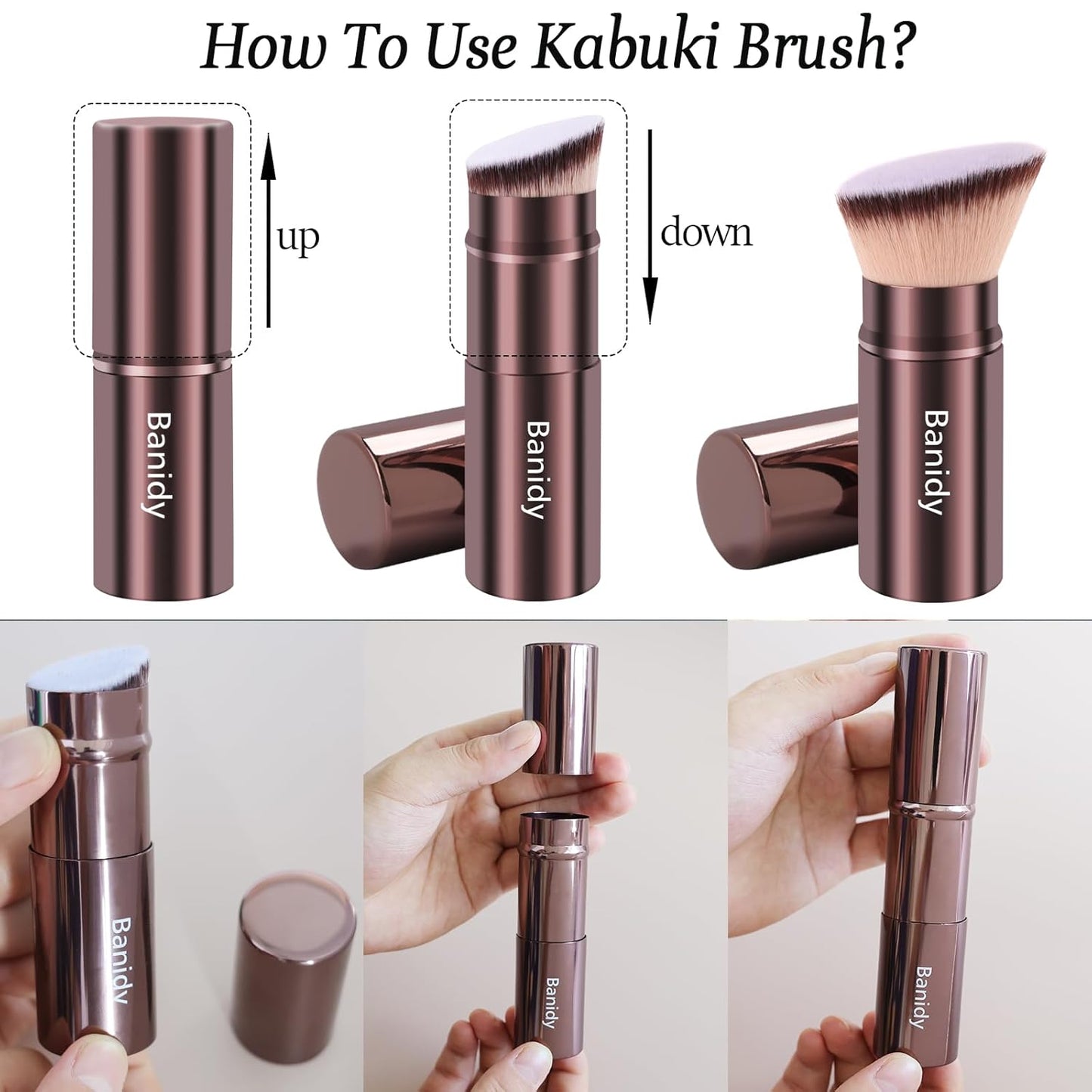 Makeup Brush Kabuki Face Brushes Retractable Travel Blush Kabuki Brush Portable Flawless for Foundation, Powder Blush, Bronzer, Buffing, Liquid, Cream, Cruelty Free with Cover(Brown)-Velvo Beauty