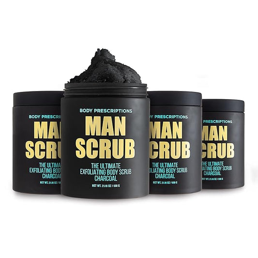 Body Prescriptions Men’s Exfoliating Body Scrub – Ultimate Skin Cleansing Wash in Jar with Twist-Top Lid, For All Skin Types, 21 Ounce (Pack of 4), Charcoal-Velvo Beauty