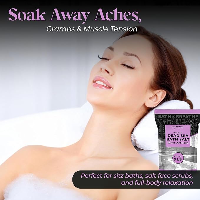 Aromasong Pure Dead Sea Salt for Soaking with 100% Natural Lavender, 5 LB - Spa Bath Salt Fine Grain - Body Wash Scrub - Soak for Women & Men- Bulk Resealable Pack (Packaging May Vary)-Velvo Beauty