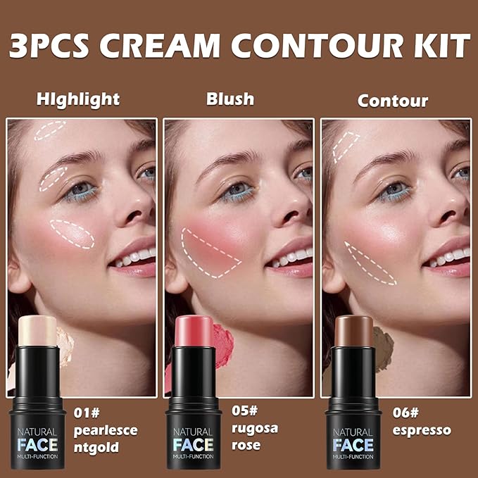Highlighter Stick Cream Blush Stick Bronzer Contour Stick Makeup,3 PCS Cream Contour Kit with Contour Brush,Long Lasting & Professional Highlighters Makeup Stick for Beginner-Set B-Velvo Beauty