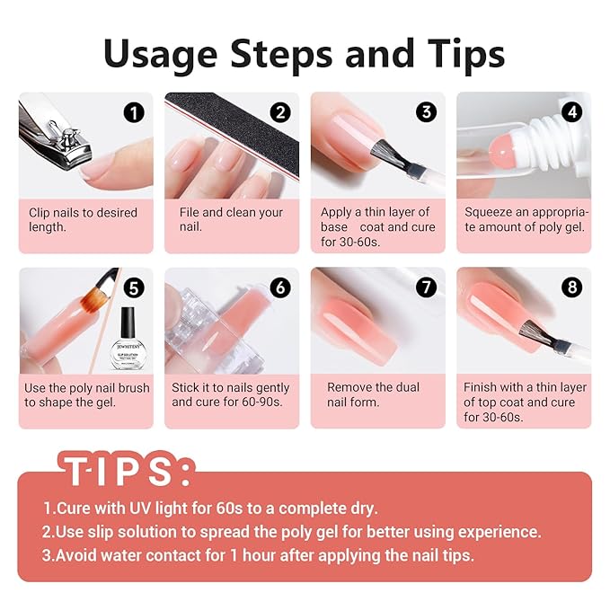 JEWHITENY Poly Nail Gel Set Clear Pink White Poly Extension Gel With Base Coat Top Coat Slip Solution French Manicure Need U V Lamp Curing for Finger Art and Home DIY-Velvo Beauty