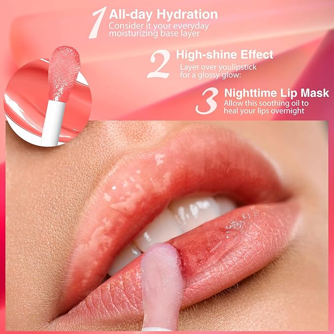 Big Brush Head Lip Glow Oil Plumping Tint, Tinted Lip Balm Transparent Lip Care, Moisturizing Non-sticky Fresh Shiny Texture Lip Oil - Strawberry (Pink)-Velvo Beauty