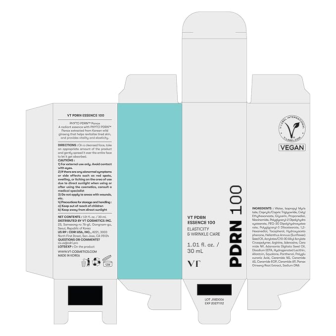 VT COSMETICS PDRN 100 Essence, Intensive Glow Serum, 100,000ppm Vegan PDRN, Skin Restoration & Plumping, Hydrating & Moisturizing, Firming, Fine Lines, Korean Skincare 1.01 fl. Oz.-Velvo Beauty