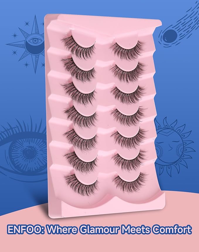 Natural Lashes Wispy False Eyelashes Strip Flared Natural Look Eyelash CatEye Lash Soft Lashes Fluffy Mink Eyelash Pack 7 Pairs 16MM D76-Velvo Beauty