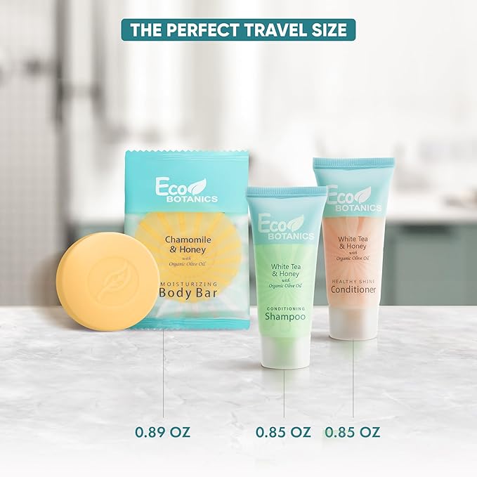 Eco Botanics Hotel Soaps and Toiletries Bulk Set | 1-Shoppe All-In-Kit Amenities for Hotels & Airbnb | 0.85 oz Hotel Shampoo & Conditioner, 0.89 oz Bar Soap Travel Size | 150 Pieces-Velvo Beauty