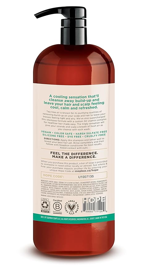 Soapbox Tea Tree Shampoo, Harsh Sulfate Free, Paraben Free, Silicone Free, Color Safe, and Vegan Hair Shampoo (33.8 Ounces)-Velvo Beauty