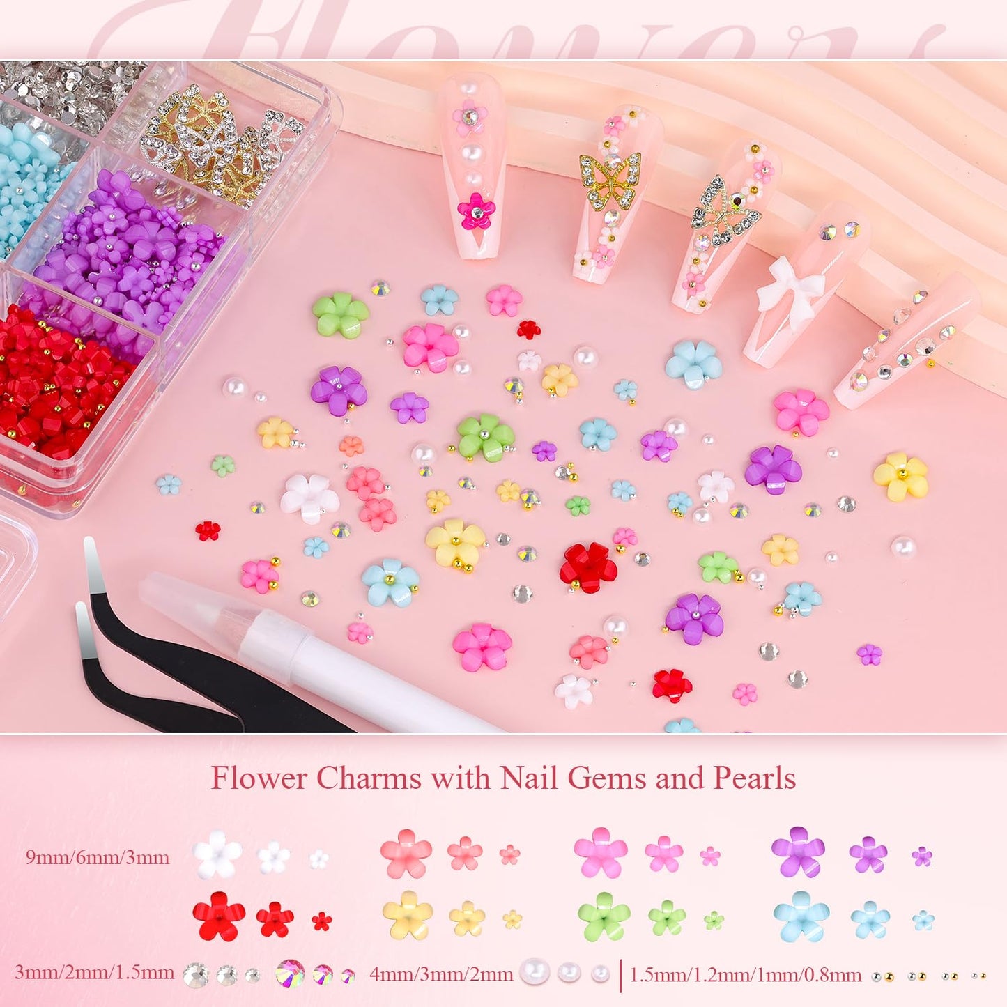 3D Nail Charms and Gems Set 12 with Rhinestone Glue, 10PCS Gold and Silver Chunky Butterfly Nail Charms, 3D Flowers for Nails, Flatback Crystals and Pearls + Picker Tool for Y2K Nail Decor-Velvo Beauty