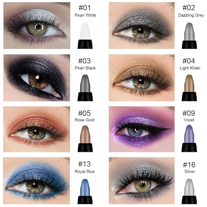 8Pcs Glitter Eye Shadow Sticks Liner Pencils Makeup, Pearl White Smokey Black Gray Silver Violet Purple Khaki Royal Blue Shimmer Glitter Eyeliner Pencil Cream Eyeshadow Palette Makeup for Older Women-Velvo Beauty
