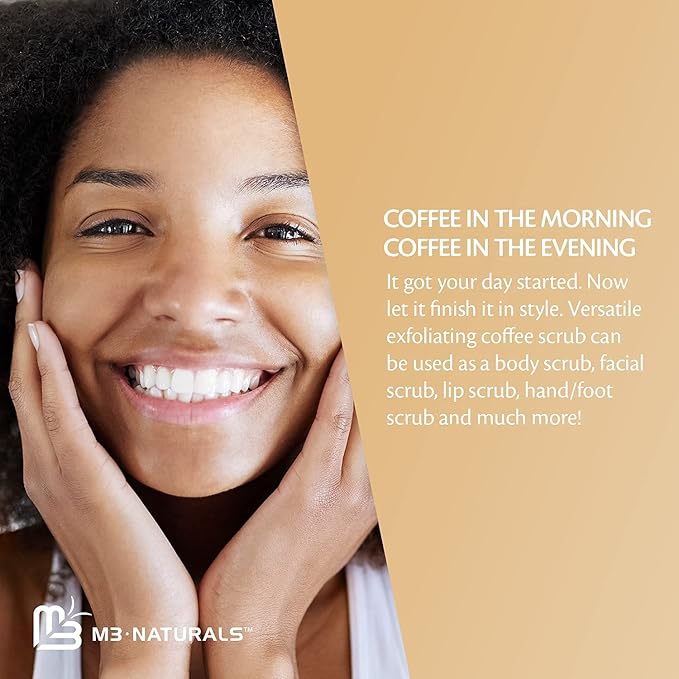 Arabica Coffee Scrub for Hands, Feet, and Body, Exfoliating Scrub with Collagen and Stem Cells, Face Cleanser for Cellulite, Fine Lines, and Stretch Marks, 12oz (1 Pack) by M3 Naturals-Velvo Beauty