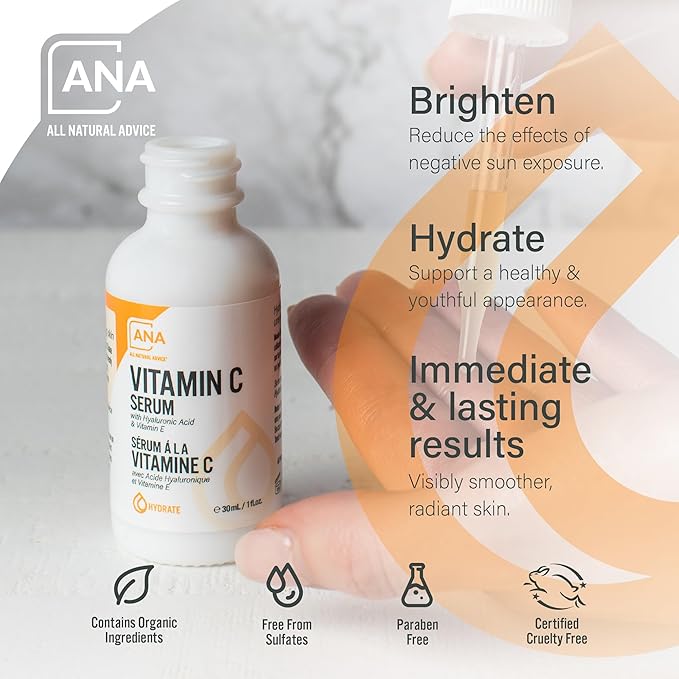 All Natural Advice Vitamin C Serum 30mL | 20% Vitamin C Face Serum Solution with Organic Botanicals, Hyaluronic Acid & Vitamin E | UV-Shielding Glass Bottle with Dropper | Canadian Skin Care-Velvo Beauty