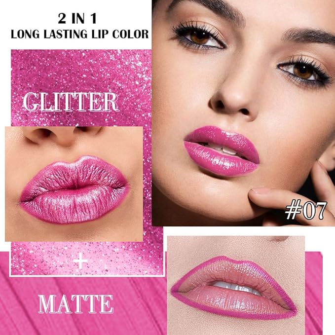 evpct Hot Pink Metallic Glitter Lip Liner and Lipstick Combo Lip Gloss Stain Set Makeup for Women Long Lasting Waterproof 24, Rose Pink Frosted Metallic Shimmer Glossy iridescent Liquid Lipstick 07-Velvo Beauty