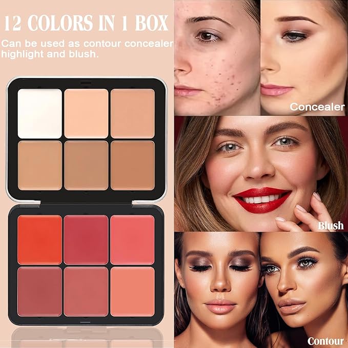 6 Colors Cream Blush Palette + 6 Colors Concealer Cream Contour Palette, Carla Secret Makeup Palette, Foundation Palette with 11 Pcs Makeup Brush Set, Long Wearing Blendable Full Coverage-Velvo Beauty