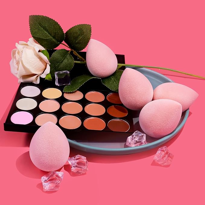 BEAKEY Makeup Sponge Set, Foundation Blending Sponge, Beauty Sponges Flawless for Liquid, Cream, and Powder, Microfiber Latex-Free and Vegan Boun Boun Sponges, 5 Pcs Pink Makeup Sponges-Velvo Beauty