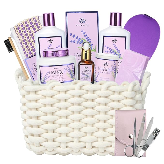 Bath and Body Gift For Women and Men - Lavender Home Spa Gift Set,Mug,Shower Gel,Bubble Bath,Lotion,Bath Bombs,Eye Mask,Manucure Set, Bath Belt, Body Oil,Bath Soak,Lip Balm,Soy Candle For Daily Use-Velvo Beauty