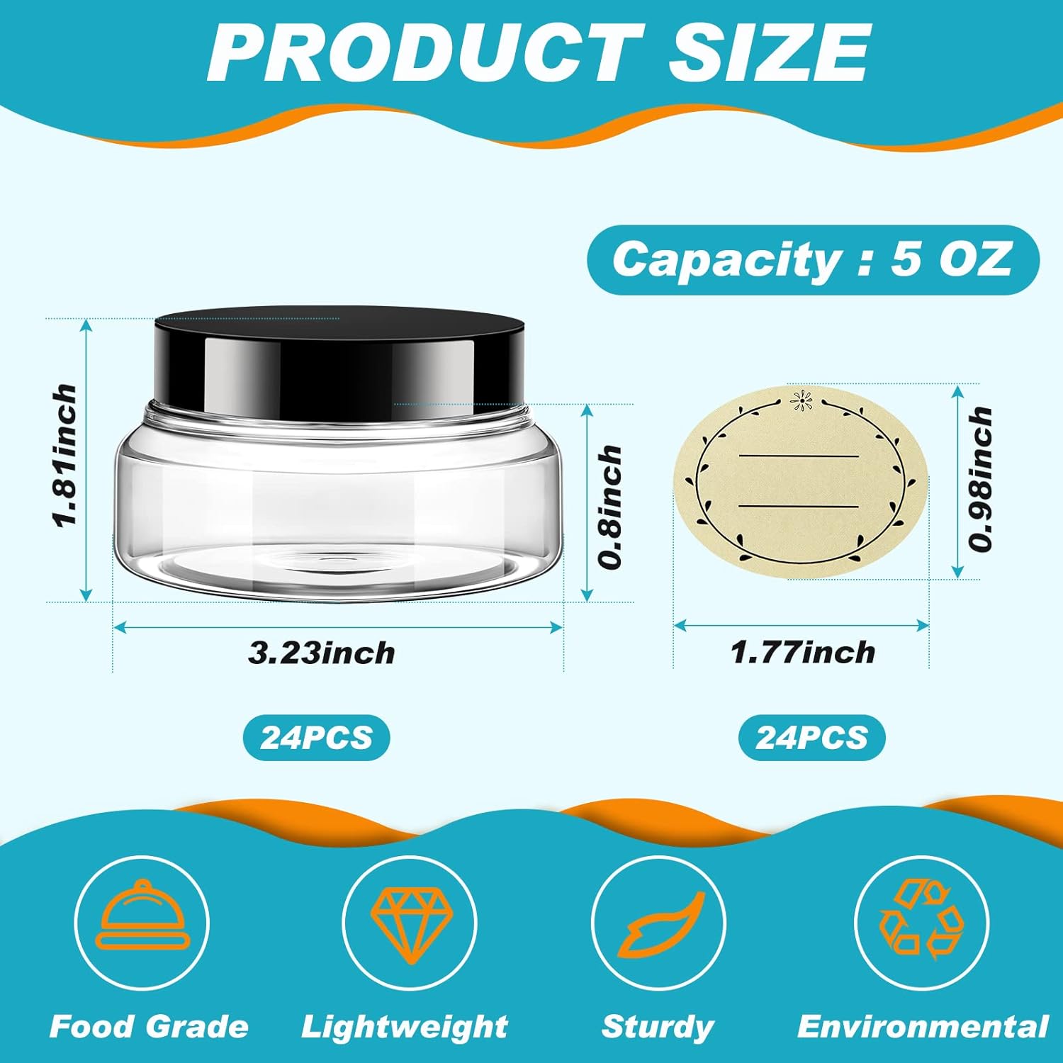 Tessco 24 Pack Plastic Jars with Lids Labels Empty Clear Plastic Jars Round Refillable Cosmetic Containers Body Butter Containers Bulk Sugar Scrub Bottle for Make Up(5 oz,Clear, Black)-Velvo Beauty