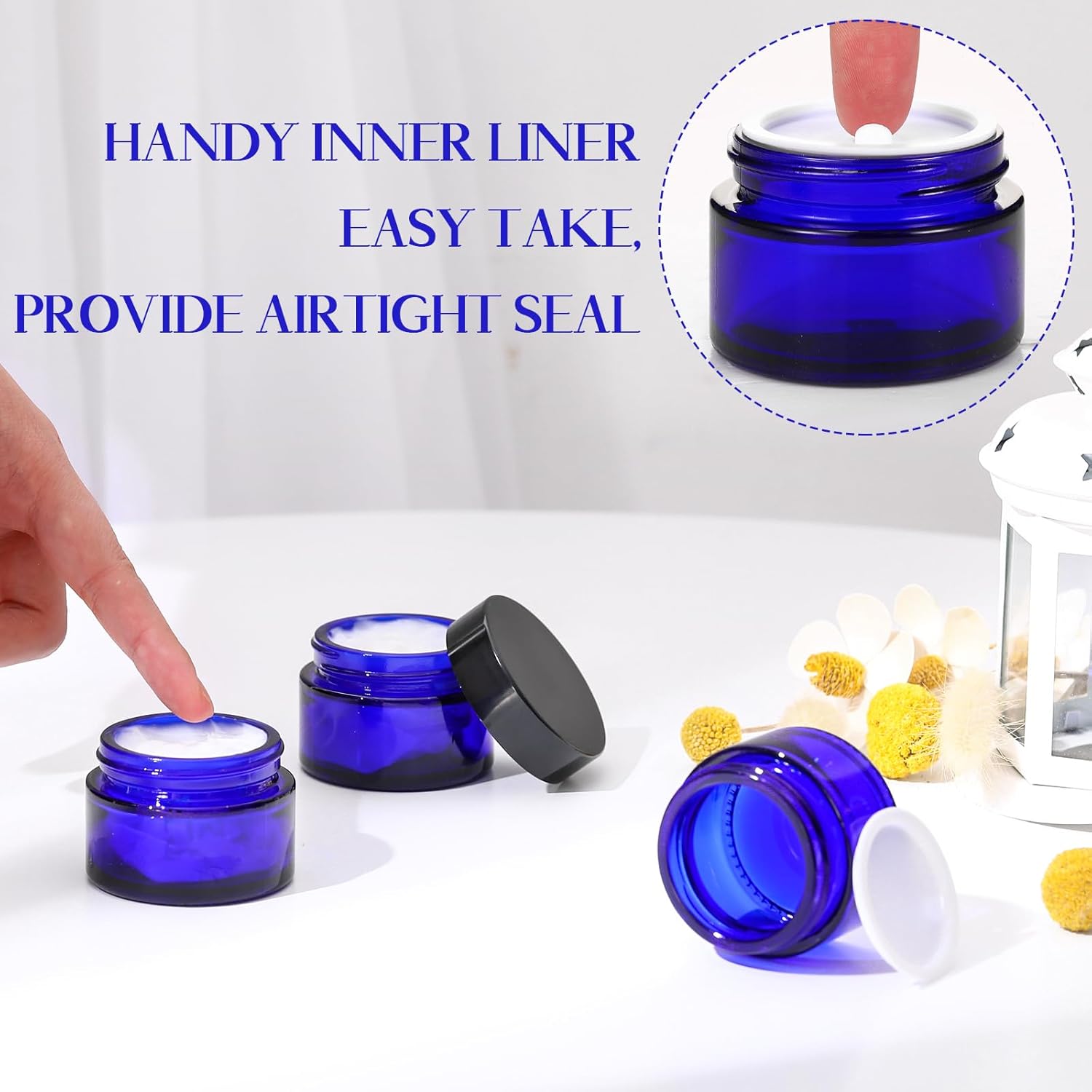 Domensi 100 Pcs 1 oz Glass Jars with Lids Bulk Round Glass Cosmetic Jars Lids 1 oz Small Travel Containers with Inner Liner for Lotions Powders Ointments Sample Cream(Cobalt Blue, Black)-Velvo Beauty