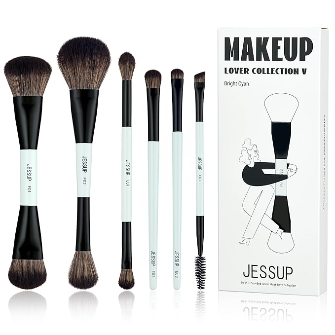 Jessup Makeup Brush Set 6pcs Double Sided Makeup Brushes Foundation Contour Blush Highlight Blending Eyebrow Brush Eyeshadow Brush, Vegan Fiber Make up Brush Bright Cyan T501-Velvo Beauty