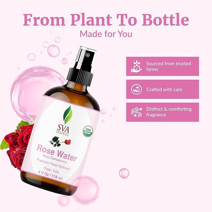 SVA ORGANICS Rose Water 4oz (118 ml) Refreshing Rose Water Spray for Skin Care, Skin Hydration, Bath, Soaps, Haircare & Aromatherapy-Velvo Beauty