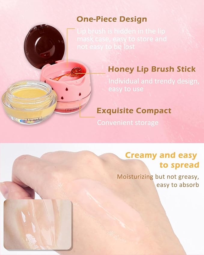 2Pcs Watermelon Lip Balm Honey Pot Lip Mask & Lip Glowy Oil Lip Care Set, Propolis Moisturizing & Nourish Hydrating Lip Gloss Repair, Reduce Lip Line & Plump Dry Cracked Lip Scrub Exfoliator -Set C-Velvo Beauty