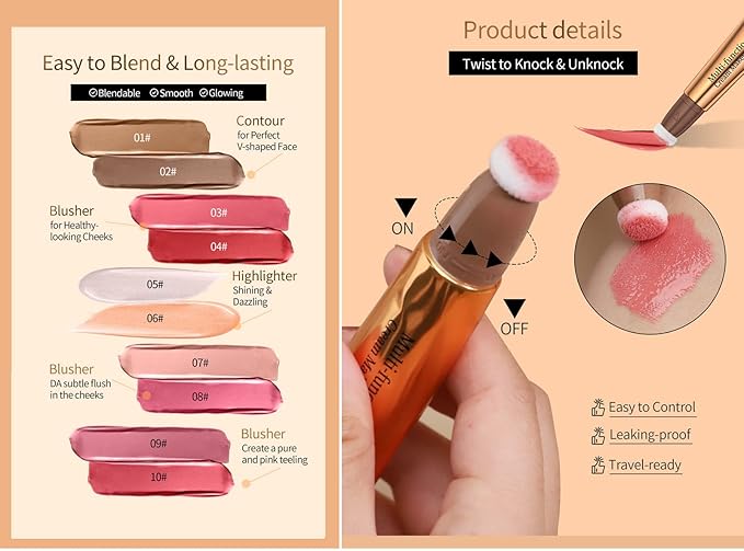 Go Ho Liquid Blush Beauty Wand,Blendable Super Silky Cream Blush Stick,Face Moisturizing Contour Blush Stick with Fine Cushion Applicator,Cruelty-free,003# Medium Pink-Velvo Beauty