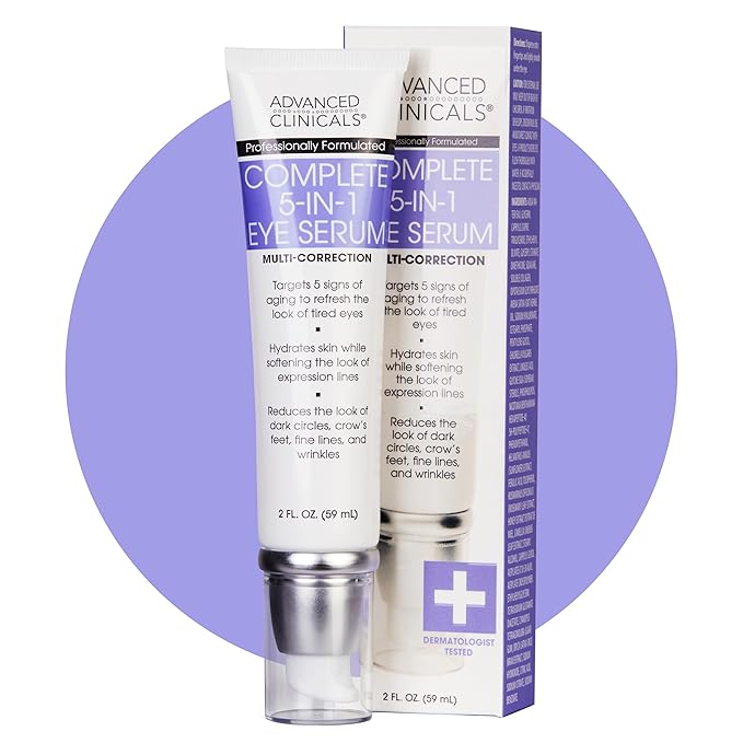 Advanced Clinicals 5-in-1 Eye Serum | Multi-Benefit Visible Anti Aging Under Eye Serum Face Moisturizer Reduces Appearance Of Dark Circles, Puffy Eyes, Crows Feet, Wrinkles, & Fine Lines, 2 Fl Oz-Velvo Beauty