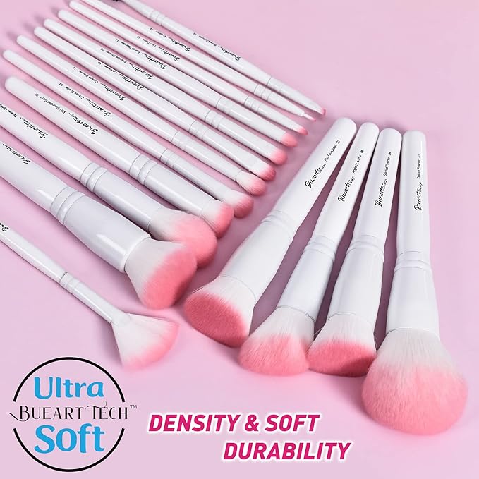 Bueart Design 16Pcs ULTRA SOFT labeled Makeup Brushes set with brush Holder face brush for Foundation Powder Blending Blush wooden Handle(16Pcs White+Pink Holder)-Velvo Beauty