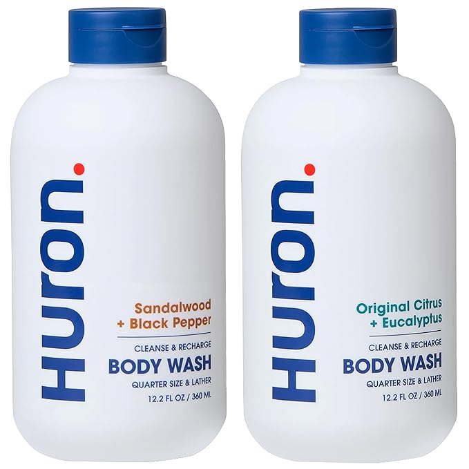 Huron Body Wash Scent Duo - Citrus + Eucalyptus & Sandalwood + Black Pepper Scents - Men’s Body Wash - Made With Coconut Oil, Vitamin E & Witch Hazel - Vegan, Cruelty-Free - 2 Pack, 12.2 fl oz-Velvo Beauty