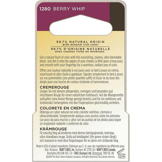 Burt's Bees Color Nurture Moisturizing Cream Blush with Vitamin E, Berry Whip, 0.25 Ounce-Velvo Beauty