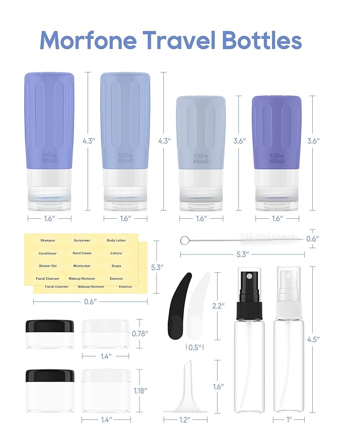 Morfone 16 Pack Silicone Travel Bottles Set for Toiletries TSA Approved Travel Containers Leakproof Squeezable Refillable Accessories 2oz 3oz for Shampoo Conditioner Lotion Liquids(Blue)-Velvo Beauty