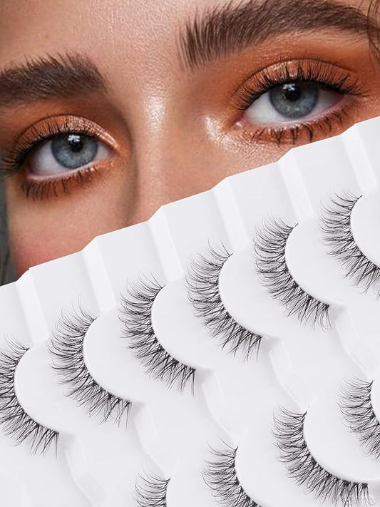 Natural Lashes False Eyelashes 12 MM Short Lashes WIspy 3D Volume Fake Eyelashes Pack C Curl Soft Eye Lash with Thin Cotton Band 7 Pair False Lashes Siligli-Velvo Beauty