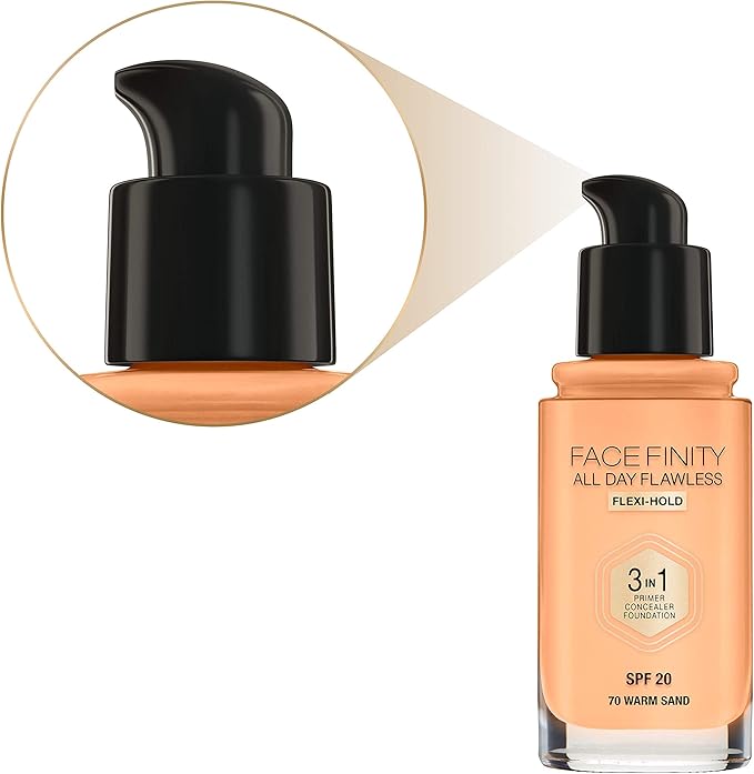 Max Factor Facefinity 3-in-1 All Day Flawless Liquid Foundation, SPF 20-70 Warm Sand, 30 ml-Velvo Beauty