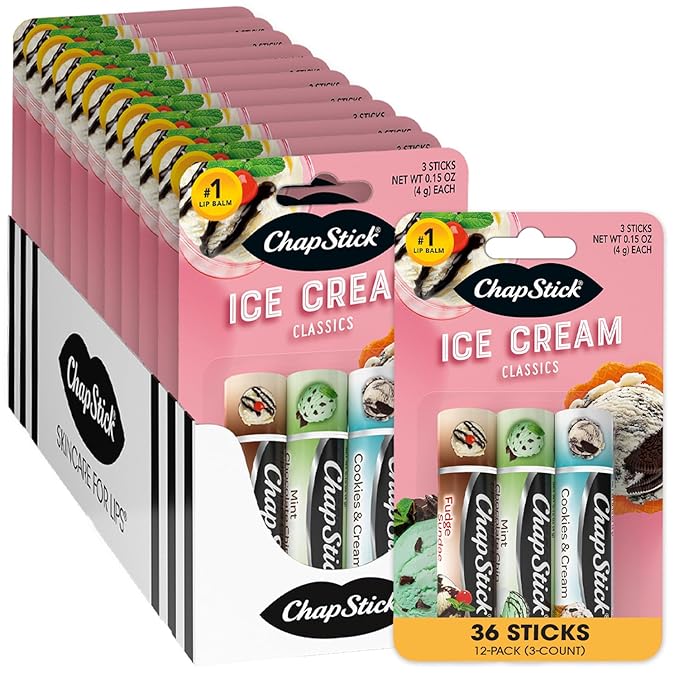 ChapStick Lip Moisturizer, Ice Cream 3-Packs (12 Sets/36 Tubes) - Bulk Lip Balm, Irresistible & Sweet, 0.15 Oz Ea-Velvo Beauty